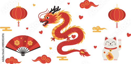 Chinese New Year Dragon and Lucky Cat Illustration Set with Lanterns, Fan, and Decorative Clouds