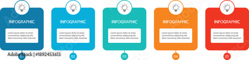 Business Infographic Template with 5 Steps. Colorful Rounded Square Data Visualization Charts with Light Bulb Icons and Numbered Progress Labels