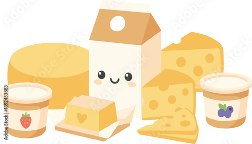 Cute Dairy Products Illustration Set with Milk Carton, Cheese, Butter, and Yogurt