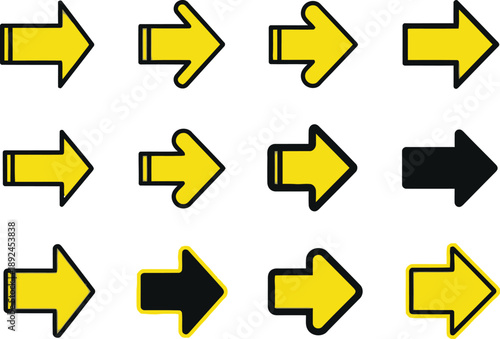 Vector Illustration of Set of yellow and black direction arrows on white background