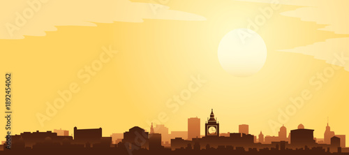 Golden yellow panoramic poster of the city skyline with misty background buildings and clouds of LONDON, UNITED KINGDOM