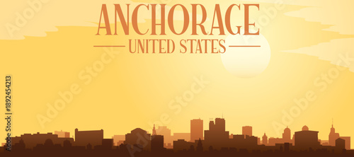 Golden yellow panoramic poster of the city skyline with misty background buildings and clouds of ANCHORAGE, UNITED STATES