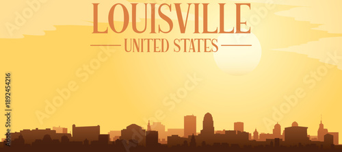 Golden yellow panoramic poster of the city skyline with misty background buildings and clouds of LOUISVILLE, UNITED STATES