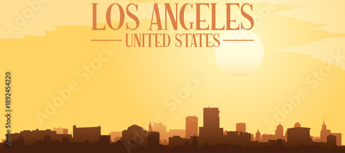 Golden yellow panoramic poster of the city skyline with misty background buildings and clouds of LOS ANGELES, UNITED STATES
