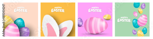 Easter banner template with Easter eggs, happy easter day poster, cards, cover, banners set for social media Greetings and presents Promotion shopping in cute colorful 3d realistic  egg and bunnies.