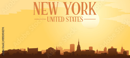 Golden yellow panoramic poster of the city skyline with misty background buildings and clouds of MADRID, SPAIN