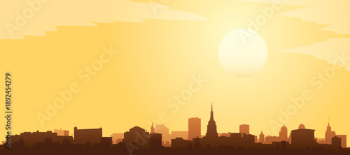 Golden yellow panoramic poster of the city skyline with misty background buildings and clouds of NEW YORK, UNITED STATES