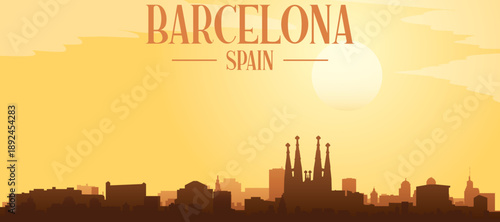 Golden yellow panoramic poster of the city skyline with misty background buildings and clouds of BARCELONA, SPAIN