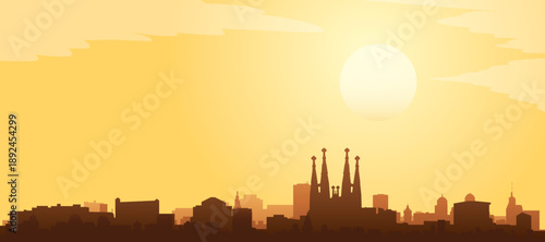 Golden yellow panoramic poster of the city skyline with misty background buildings and clouds of BARCELONA, SPAIN