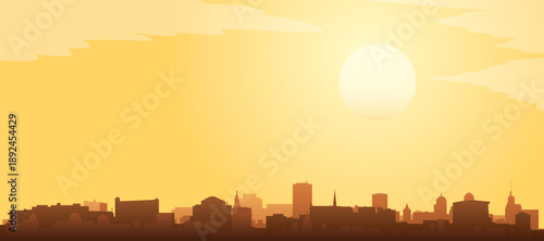 Golden yellow panoramic poster of the city skyline with misty background buildings and clouds of UTRECHT, NETHERLANDS
