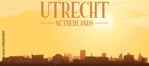 Golden yellow panoramic poster of the city skyline with misty background buildings and clouds of UTRECHT, NETHERLANDS