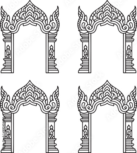 Set of Traditional Chinese gates Outline vector illustration isolated On Transparent Background