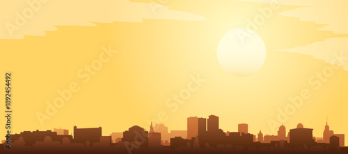 Golden yellow panoramic poster of the city skyline with misty background buildings and clouds of ROTTERDAM, NETHERLANDS