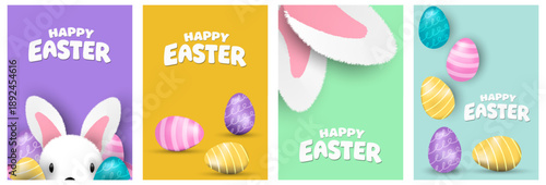 Easter banner template with Easter eggs, happy easter day poster, cards, cover, banners set for social media Greetings and presents Promotion shopping in cute colorful 3d realistic  egg and bunnies.