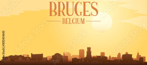 Golden yellow panoramic poster of the city skyline with misty background buildings and clouds of BRUGES, BELGIUM