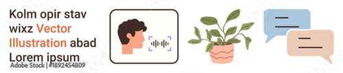 Voice technology, AI communication, nature, conversations, technology in design, modern tools. Human face with voice recognition, speech bubbles and a potted plant. Voice technology and AI