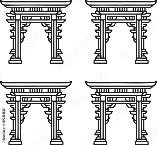 Set of Traditional Chinese gates Outline vector illustration isolated On Transparent Background
