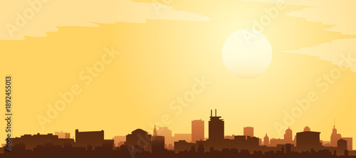 Golden yellow panoramic poster of the city skyline with misty background buildings and clouds of MEXICO CITY, MEXICO
