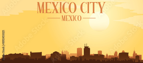 Golden yellow panoramic poster of the city skyline with misty background buildings and clouds of MEXICO CITY, MEXICO