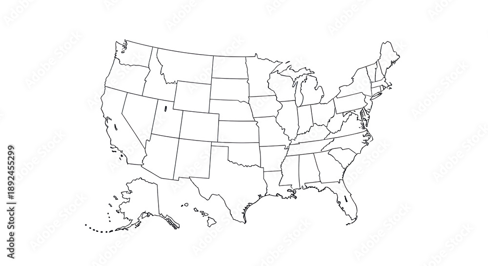 Obraz premium Outline map of the United States, accurately depicting state borders with thin black lines against a transparent background and copy space, a clean vector graphic for educational purposes. Concept of