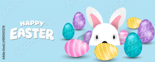Easter banner template with Easter eggs, happy easter day poster, cards, cover, banners set for social media Greetings and presents Promotion shopping in cute colorful 3d realistic  egg and bunnies.