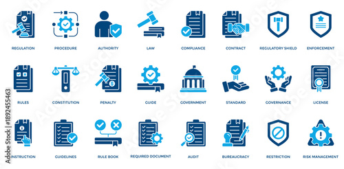 Regulation Icon Set. Containing Procedure, Authority, Law, Compliance, Rules, Constitution Icons. Dual Tone Style