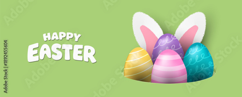 Easter banner template with Easter eggs, happy easter day poster, cards, cover, banners set for social media Greetings and presents Promotion shopping in cute colorful 3d realistic  egg and bunnies.
