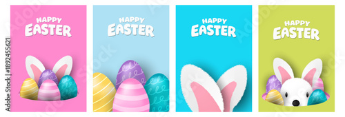 Easter banner template with Easter eggs, happy easter day poster, cards, cover, banners set for social media Greetings and presents Promotion shopping in cute colorful 3d realistic  egg and bunnies.