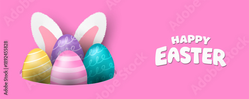 Easter banner template with Easter eggs, happy easter day poster, cards, cover, banners set for social media Greetings and presents Promotion shopping in cute colorful 3d realistic  egg and bunnies.