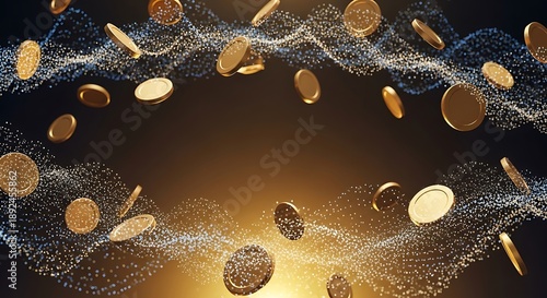Golden coins and sparkling particles forming dynamic waves on dark background. Abstract financial flow, digital currency, wealth concept.