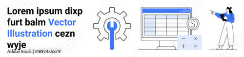 Gear with blue wrench, table on monitor, dollar sign, calculator, and a woman analyzing data. Ideal for technology, business planning, finance, strategy automation analytics simple landing page