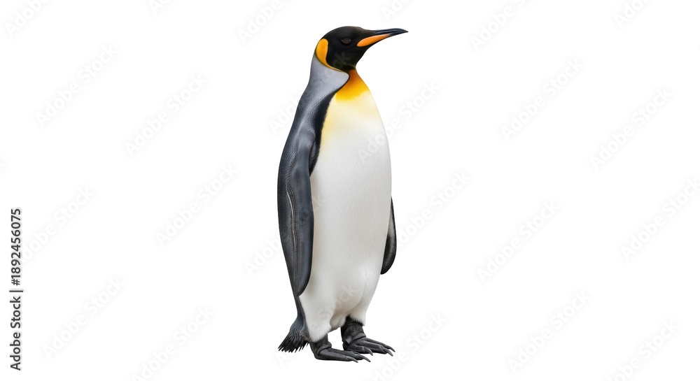 Obraz premium Majestic king penguin PNG isolated on transparent background, standing tall with vibrant yellow and black plumage, wildlife animal