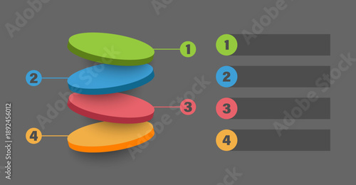 3D isometric diagram of oval cylinders of different sizes. 4 steps process vector template for data visualization.