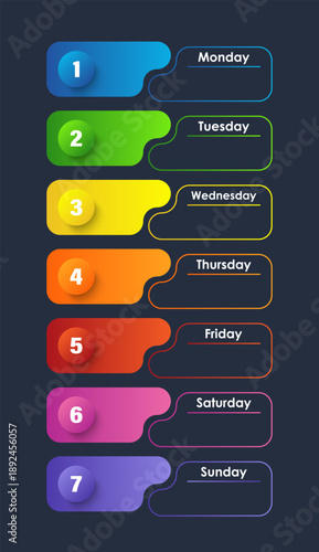 Weekly schedule vertical blank template for notes and data. Colored elements arranged vertically