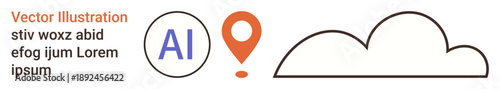 Artificial intelligence, data storage, cloud computing, navigation, geolocation, technology. Minimalistic design with AI text in a circle, orange map pin icon and cloud outline. Artificial