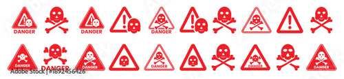 Danger Icon silhouette set. Red caution label with skull and crossbones warning message symbol shape. Flat style danger symbol shape