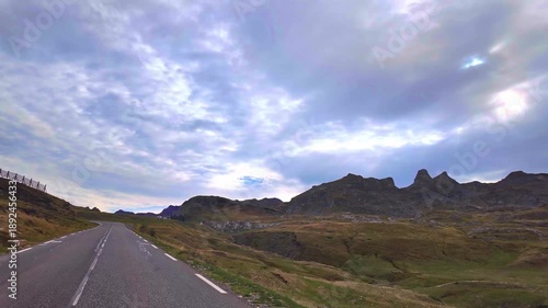 Driving up the Col du Pourtalet, France. Mountain pass in the French Pyrenees massif, symbol of the Tour de France in Bearn, France.