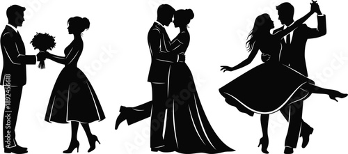 romantic couple, flower gift, kissing pose, dancing moment, love gesture, formal attire, silhouette vector, celebration scene, flavector