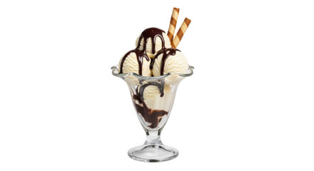 Vanilla ice cream sundae with chocolate sauce and wafer sticks isolated PNG, sweet dessert treat on transparent background