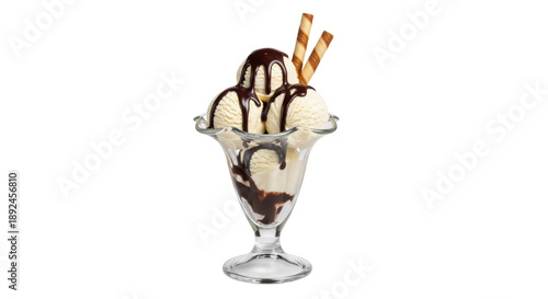 Konstfotografi Vanilla ice cream sundae with chocolate sauce and wafer sticks isolated PNG, swe