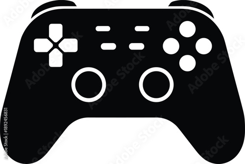Black game controller icon, gaming joystick silhouette, video game symbol, esports concept, console controller illustration, minimal flat design