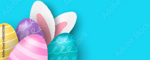 Easter banner template with Easter eggs, happy easter day poster, cards, cover, banners set for social media Greetings and presents Promotion shopping in cute colorful 3d realistic  egg and bunnies.