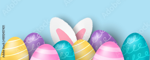 Easter banner template with Easter eggs, happy easter day poster, cards, cover, banners set for social media Greetings and presents Promotion shopping in cute colorful 3d realistic  egg and bunnies.