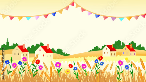 Festive rural village scene with colorful flowers and bunting sunny landscape with houses and trees