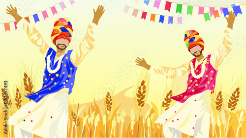 Two male dancers performing energetic bhangra dance in a wheat field with colorful flags