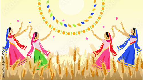 Women in traditional punjabi clothing dancing in a field with colorful decorations