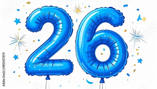 Blue cartoon style balloon shaped as number 26 with confetti on white background. Illustration for birthday or anniversary party