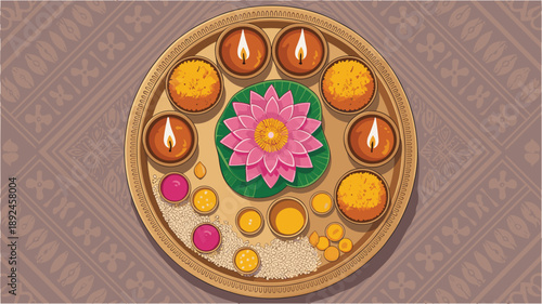 Diwali festival thali with sweets, diya lamps, lotus flower, puja items