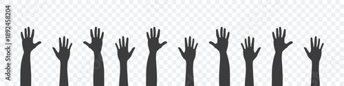 Raised hands. Silhouettes of hands up. Teamwork, collaboration, voting, volunteering concert. Vector illustration