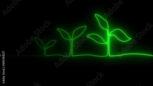 Neon green glowing outline of three plants in different stages of growth on a black background seedling